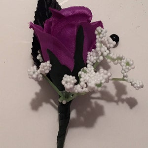 Black Wrist Silk Prom Corsage, Purple, Black and Silver Silk Wrist Corsage and Boutonniere, Wedding Corsage image 3