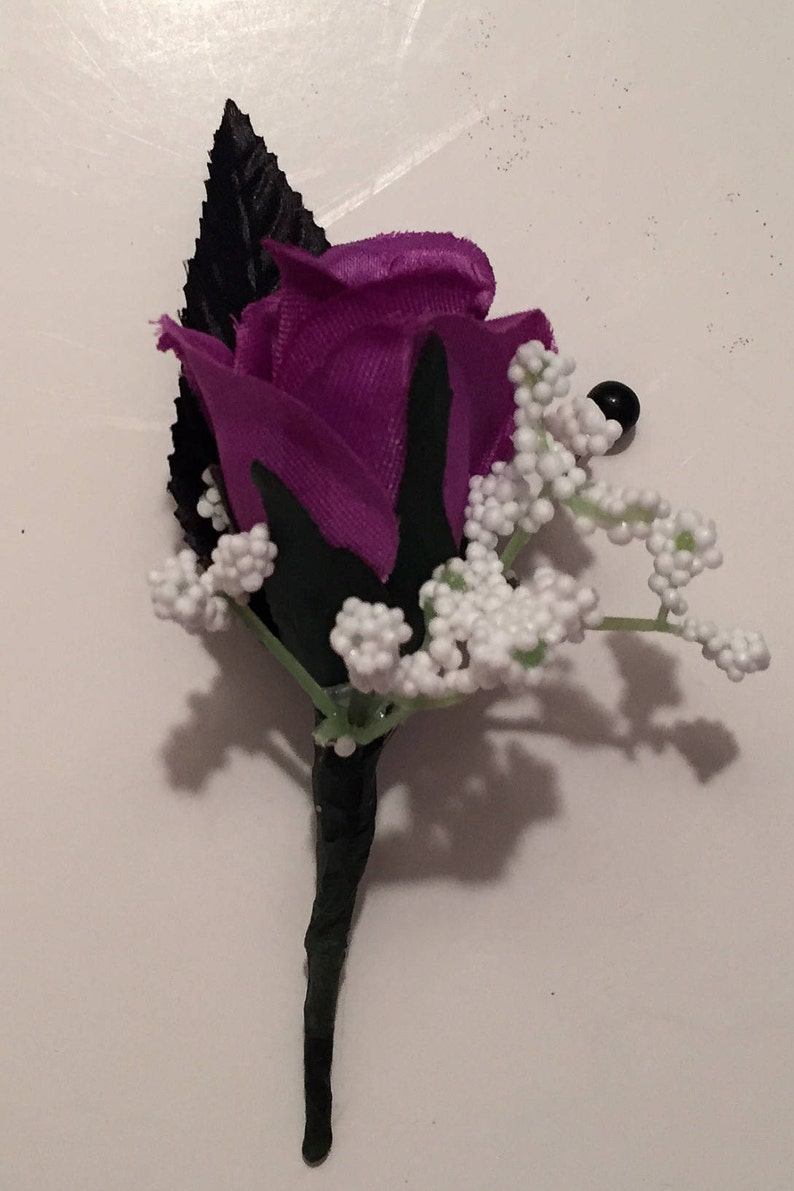 Black Wrist Silk Prom Corsage, Purple, Black and Silver Silk Wrist Corsage and Boutonniere, Wedding Corsage image 3