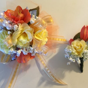 Prom Silk Wrist Corsage, Orange and Yellow Wrist Corsage, Sweet 16, Wedding, Bridal Shower, Baby Shower, Homecoming Wrist Corsage image 5