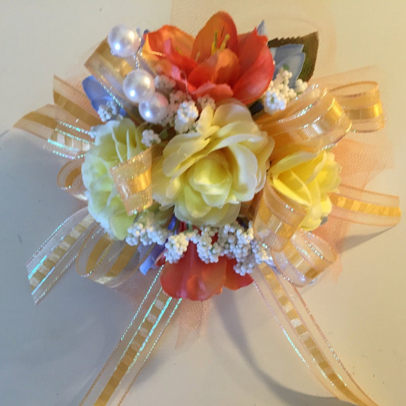 Prom Silk Wrist Corsage, Orange and Yellow Wrist Corsage, Sweet 16, Wedding, Bridal Shower, Baby Shower, Homecoming Wrist Corsage image 2