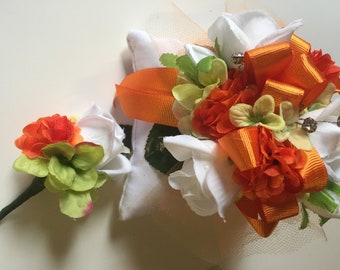 Orange  and White Prom Silk Wrist Corsage,Prom Corsage And Boutonniere