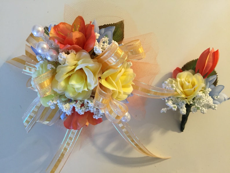 Prom Silk Wrist Corsage, Orange and Yellow Wrist Corsage, Sweet 16, Wedding, Bridal Shower, Baby Shower, Homecoming Wrist Corsage image 1