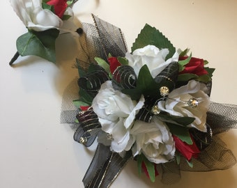 Prom Silk Wrist Corsage, White, Black and Red Silk Wrist Corsage, Prom Silk Wrist Corsages, Mother of the Bride Silk Wrist Corsages