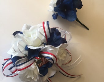 PROM Silk Wrist Corsage, Military Ball Red, White, and Blue Silk Wrist Corsages, Patriotic Corsage and Boutonniere, Prom Silk Wrist Corsages