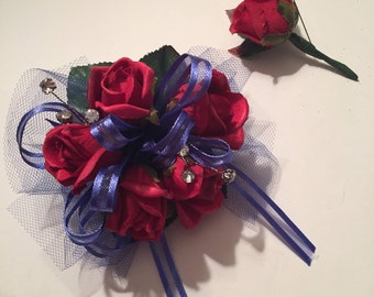 Blue Silk Prom Wrist Corsage, Wedding Corsage, Silk Wrist Corsage and Boutonniere Set