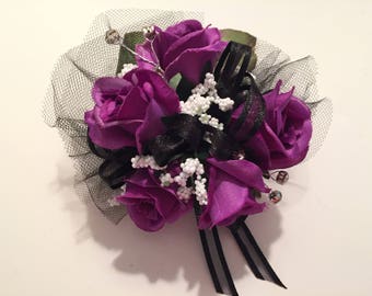 Black Wrist Silk Prom Corsage, Purple, Black and Silver Silk Wrist Corsage and Boutonniere, Wedding Corsage