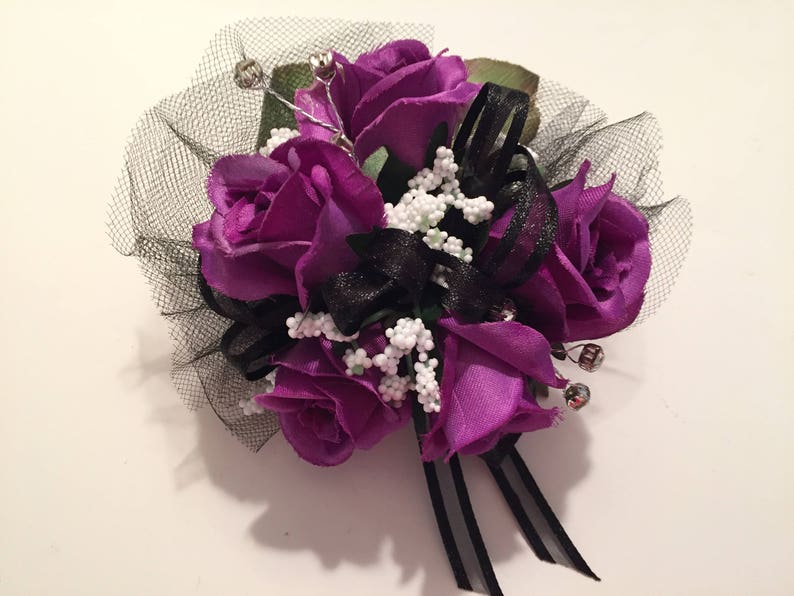 Black Wrist Silk Prom Corsage, Purple, Black and Silver Silk Wrist Corsage and Boutonniere, Wedding Corsage image 1