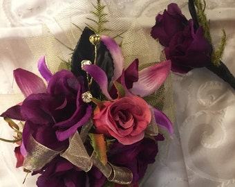 Gold, Black, Purple and Mauve Prom Silk Wrist Corsage, Mother of the Bride Silk Wrist Corsage, Homecoming Corsage, Wedding Corsage