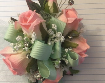 Mint Green and Pink Silk Wrist Prom Corsage, Pink Baby Shower Corsage