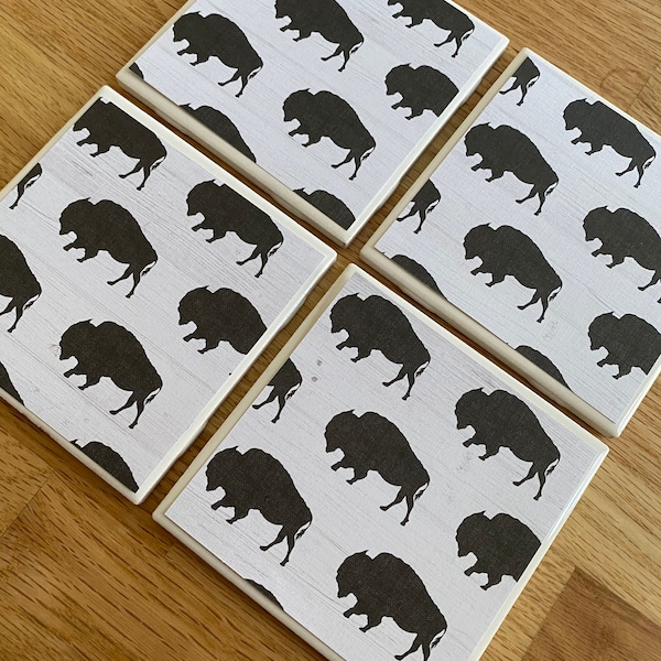 Buffalo ceramic coasters, tile coasters, log cabin decor, office gifts, teacher gifts, hostess gifts, bar gifts, grab bag gifts