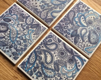 Navy Paisley coasters, drink coasters, tile coasters, square coasters, ceramic coasters, cork back