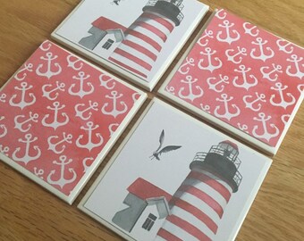 Light House and anchors set of 4 ceramic coasters, tile coasters, square coasters, beach house gifts, coastal decor, lake house decor