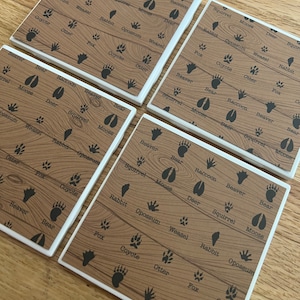 Animal foot print tile coasters, camping decor, drink coasters, tile coasters, hunter gifts, teacher gifts, hostess gifts, unique coasters