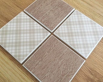 Wood and Stripe set of 4 tile coasters, ceramic coasters, drink coasters, teacher gift, secretary gift, new home gift