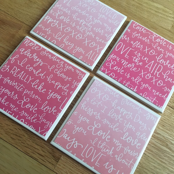 Love words set of 4 tile coasters, ceramic coasters, Valentines Day decor, engagement gift, gift for couples, new home gifts, gifts for her