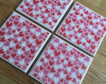Heart tile coasters, ceramic coasters, Valentines Day decor, hostess gift, new home gift, teacher gift, engagement gift