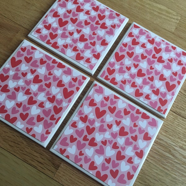 Heart tile coasters, ceramic coasters, Valentines Day decor, hostess gift, new home gift, teacher gift, engagement gift