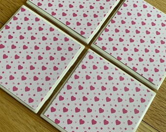 Pink heart ceramic coasters, tile coasters, Valentine’s Day coasters, hostess gifts, teacher gifts, new home gifts, engagement gifts