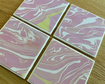 Pink marble tile coasters, ceramic coasters, hostess gifts, new home gifts, teacher gifts, office decor, bar gifts, bold marble coasters