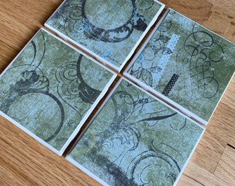 Vintage style set of 4 ceramic coasters, tile coasters, teacher gifts, new home gifts, retirement gifts, bar gifts, hostess gifts