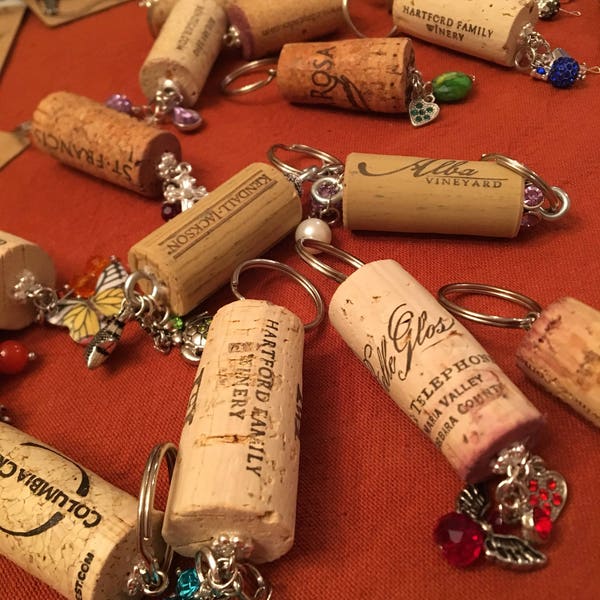 Wine Cork Keychains, wine cork decor, wine gifts, new home gifts, new car gifts, birthday for her, party favor gifts