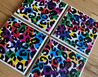 Cheetah multi color tile coasters, ceramic coasters, new home gifts, teacher gifts, hostess gifts, grab bag gifts,  office decor