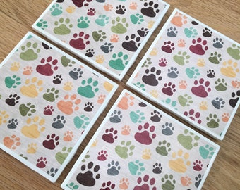 Paw Print multi color set of tile coasters, ceramic coasters, teacher gifts, hostess gifts, housewarming gifts, office decor, thank you gift