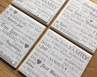 Wedding words set of 4 coasters, drink coasters, tile coasters, square coasters, ceramic coasters, cork backing, weddinf gift, engagement