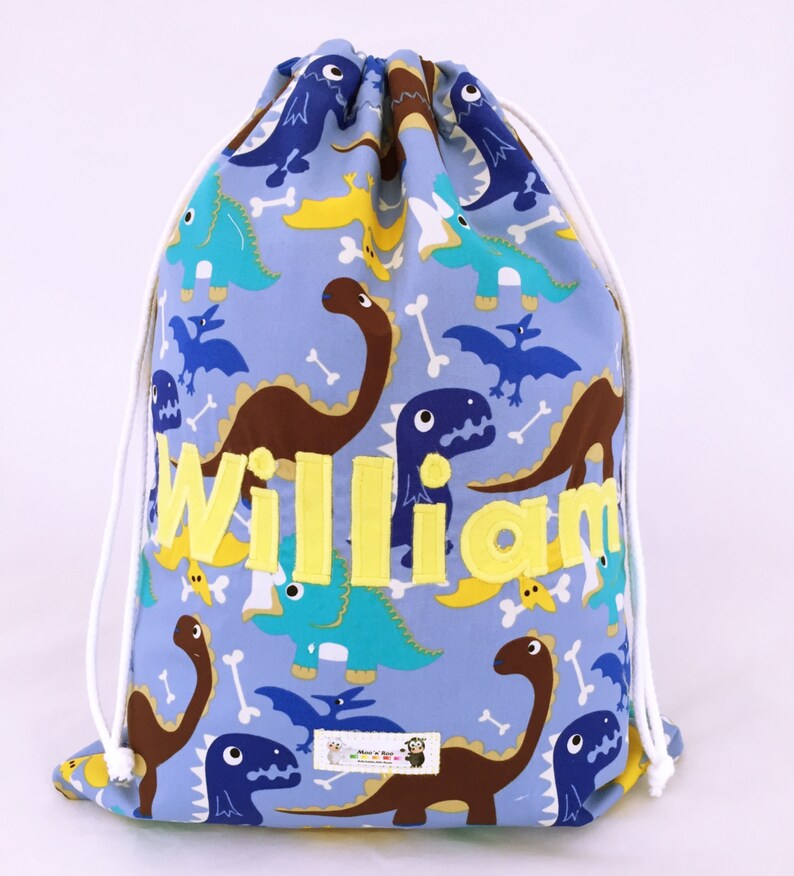 PE Bag School Personalised Grey Kids Dinosaur Red Drawstring Swimming