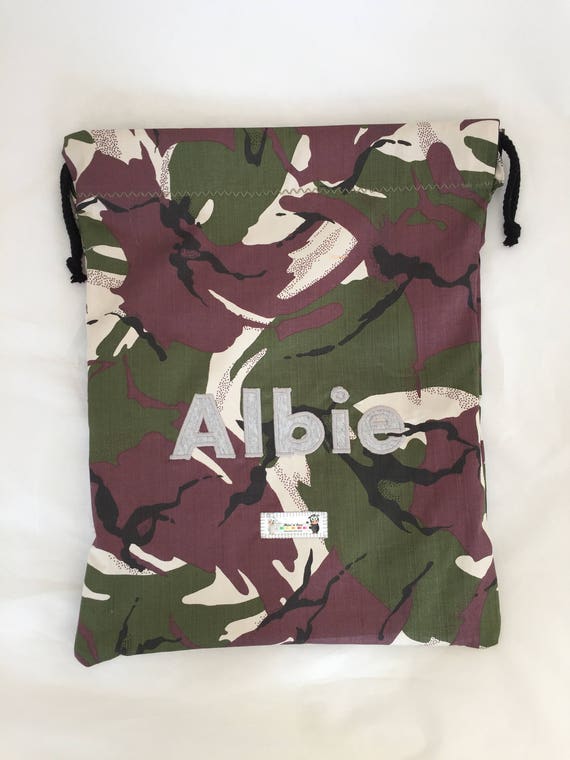 Personalised Football Camo PE Kit School Boys Gym Kids Backpack Drawstring Bag