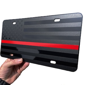Firefighter Thin Red Line American Flag License Plate Matte Black