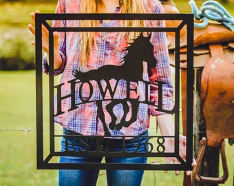 Personalized Horse Sign Aluminum Door Hanger Wall Fence Yard Sign Last Name & Date Established - Ranch/Stable Signs Choice of sizes -colors