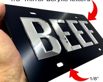 Beef License Plate Brushed Aluminum on Black 2-D Farmer Heavy Duty