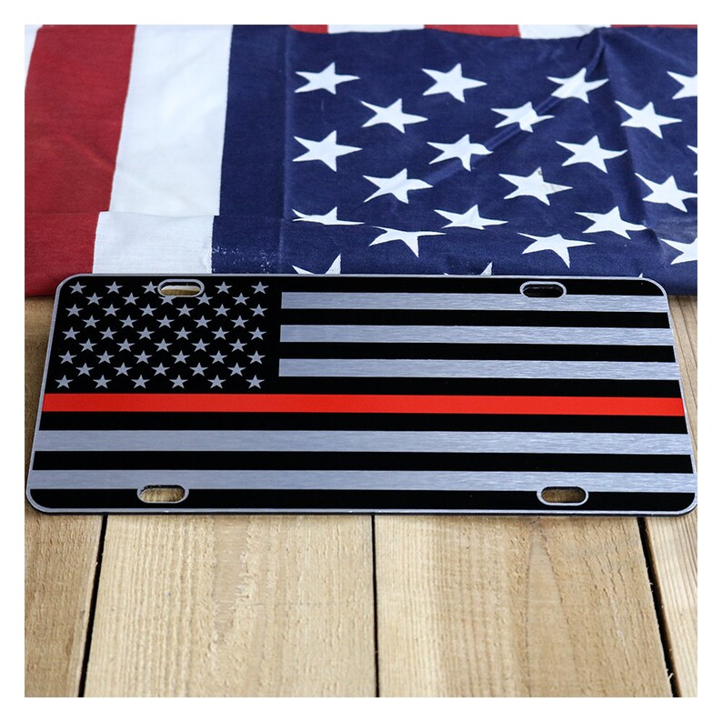 Thin Red Line Chrome American Flag License Plate Matte Black Etsy
