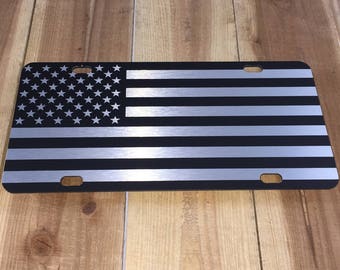 Chrome American Flag License Plate or Frame Matte Black on 1/8" Brushed Aluminum Composite Heavy Duty Tactical Patriot USA Car Tag USA Made