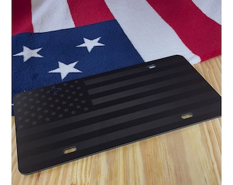 American Flag License Plate Matte Black on 1/8" Black Aluminum Composite Heavy Duty Tactical Patriot USA Car Tag USA Made Blacked Out Tag