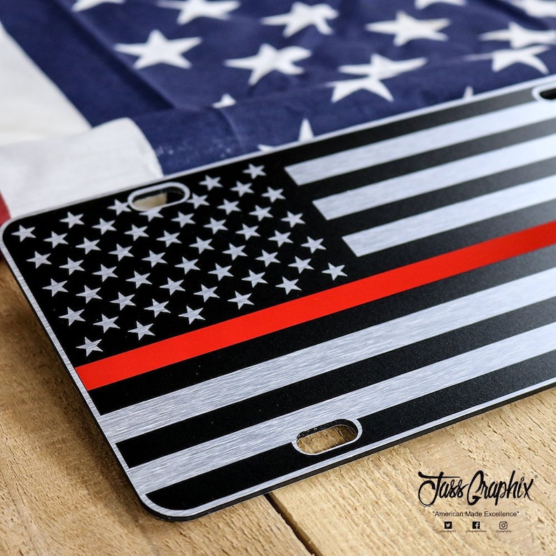 Thin Red Line Chrome American Flag License Plate Matte Black Etsy