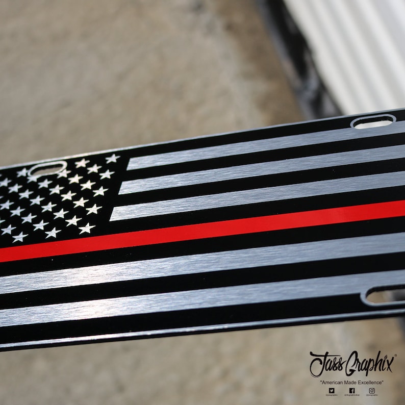 Thin Red Line Chrome American Flag License Plate Matte Black Etsy