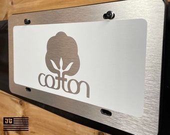 Cotton License Plate - Seal of Cotton Car Tag - Farmers Love our Agricultural License Plates. Choice of tag colors. Brushed Aluminum ACM