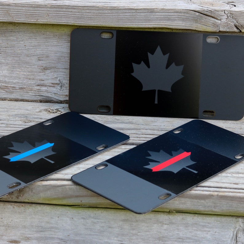 Canadian Flag License Plate Matte Black on 1/8 Black Heavy Duty Tactical Canada police thin blue line thin red line car tag maple leaf sign image 1