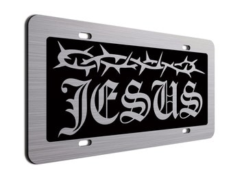 Jesus Brushed Aluminum License Plates - Perfect Christian car tag. Several colors available.