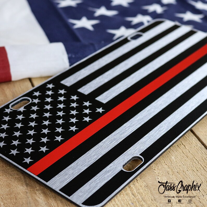 Thin Red Line Chrome American Flag License Plate Matte Black Etsy