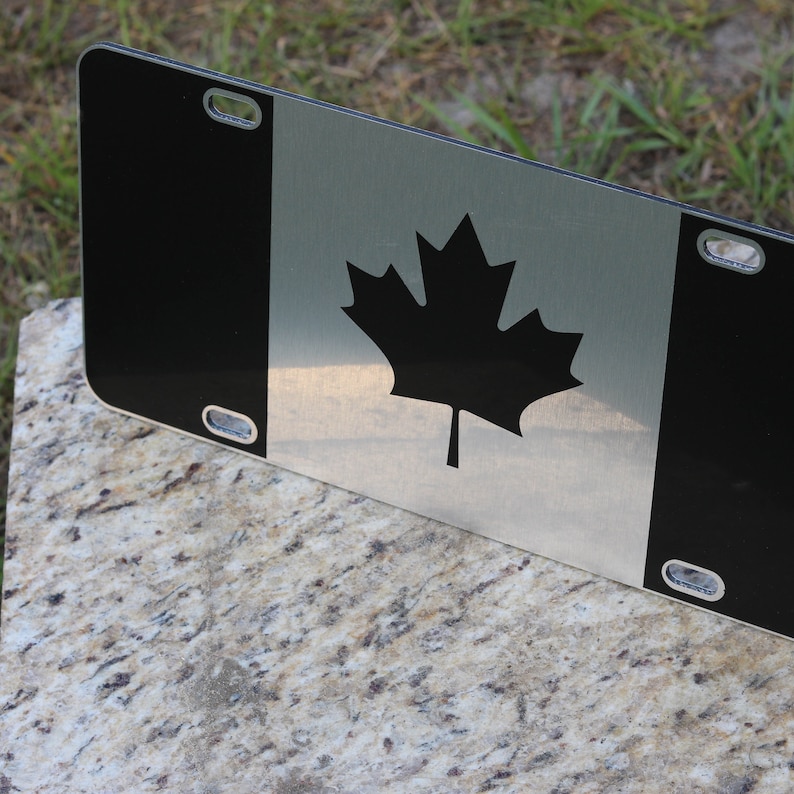 Canadian Flag License Plate Matte Black on 1/8 Black Heavy Duty Tactical Canada police thin blue line thin red line car tag maple leaf sign image 2