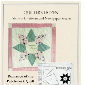 Puede incluir: Un recorte de periódico antiguo que presenta un patrón de acolchado llamado "Friendship Star 1933". El patrón incluye instrucciones para cortar y coser un bloque de acolchado con 4 piezas de tela blanca y 8 piezas de tela de color. El artículo también presenta una foto de un acolchado terminado con un diseño de estrella verde y rosa.