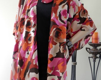 New Pink and Orange Floral Kimono Cardigan/Boho Kimono/Oversize Cover Up/Lightweight Jacket/Cardigan/Plus Sz Wrap/Shawl/Women Cape/Duster