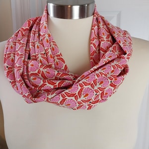 Pink Floral Knit Infinity Scarf, Red Lightweight Loop Scarf