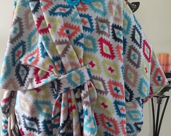 Fleece Southwestern Ruana Wrap, Women's Boho Poncho, Plus Size