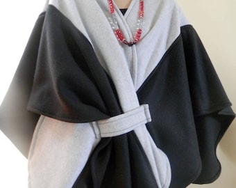 Tweekleurige fleece omslagdoek ruana: oversized poncho, grote maten cape