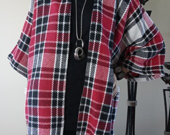 Red & Black Plaid Cotton Kimono Cardigan/Cover Up/Boho Kimono/Lightweight Jacket/Poncho/Women Kimono/Fringes Kimono Cardigan/Plus Sz Kimono