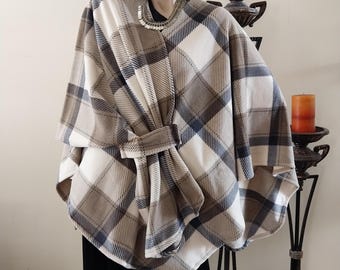 Winter Wrap/Women Wrap/Brown/Beige/Plaid/Ruana Wrap/Women Poncho/Lightweight Jacket/Women Cape/Oversize Wrap/Boho/Kimono/CoverUp/Shawl